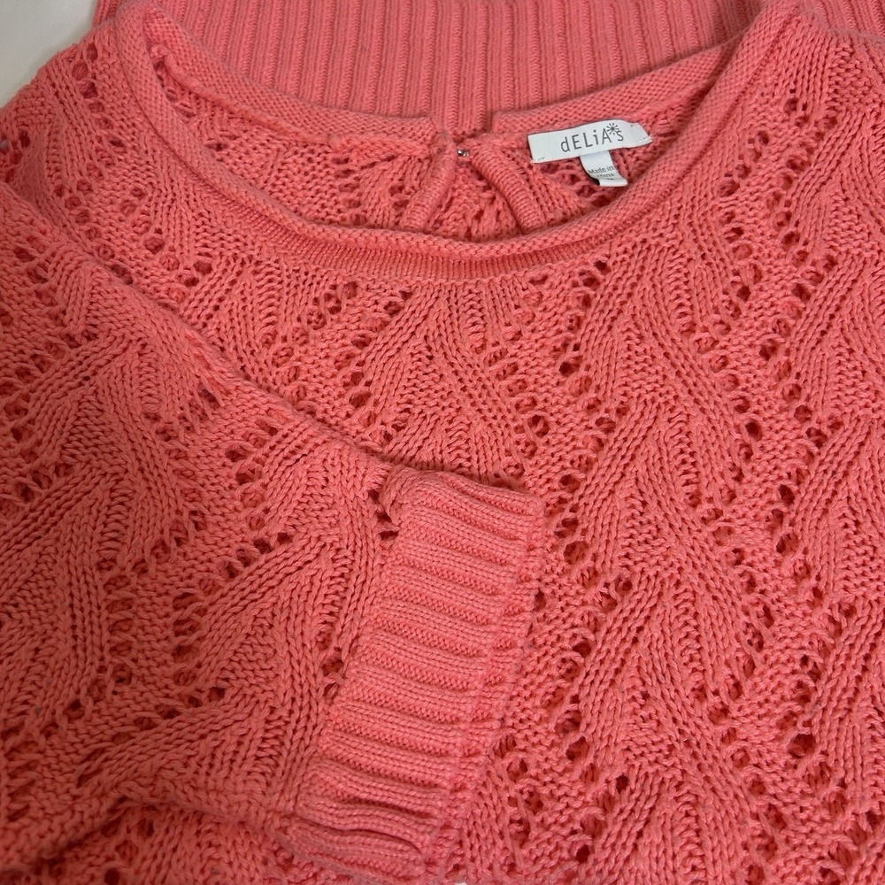 Delia's‎ Sweater Coral Short Sleeve Open Knit M 90's y2K Pullover Spring Top